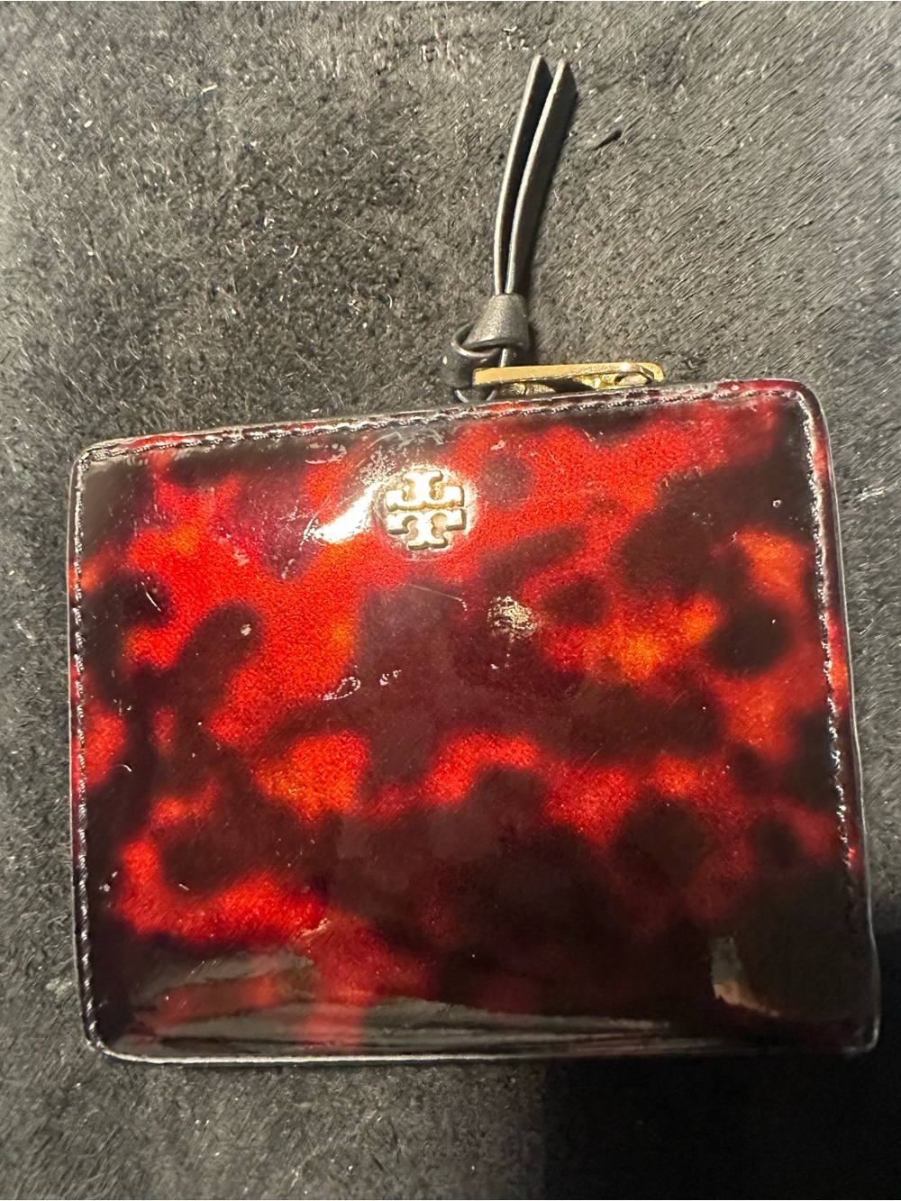 Tory Burch Red and Black Patent Leather Zip Wallet